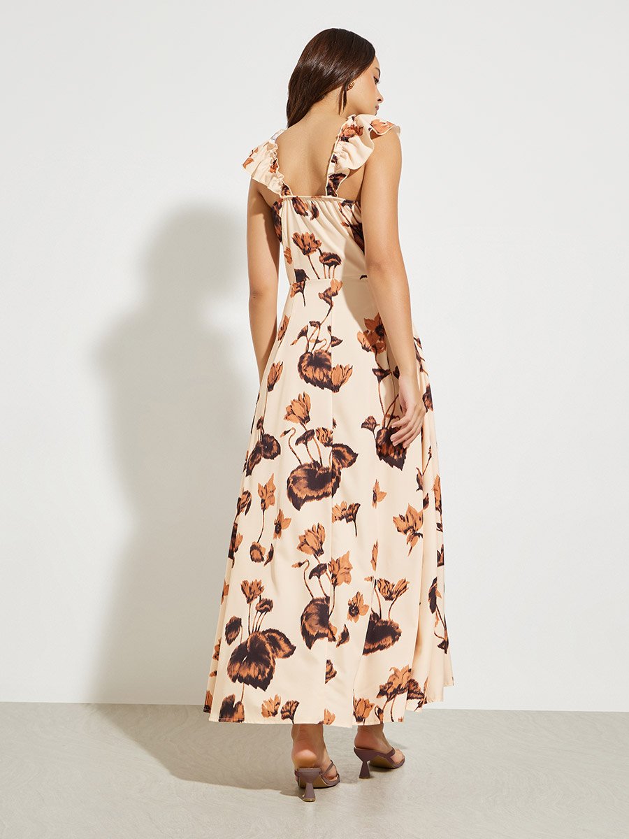 Beige Floral Print Maxi Dress