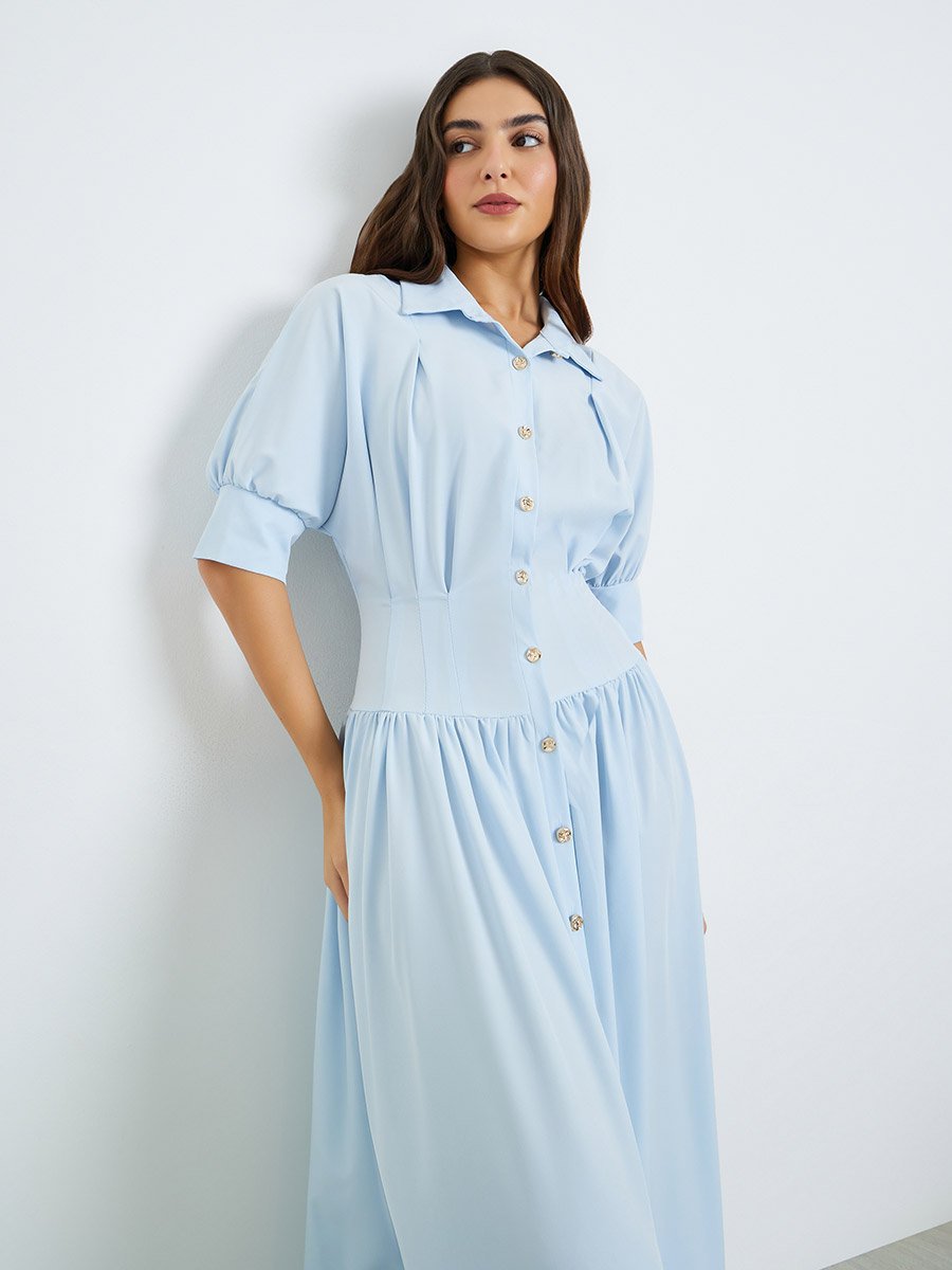 Blue Shirt Midi Dress with Buttons