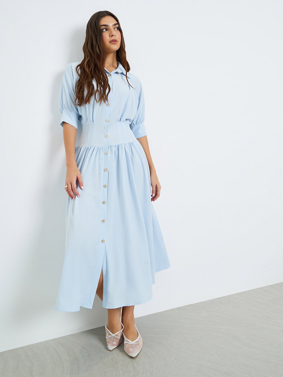 Blue Shirt Midi Dress with Buttons