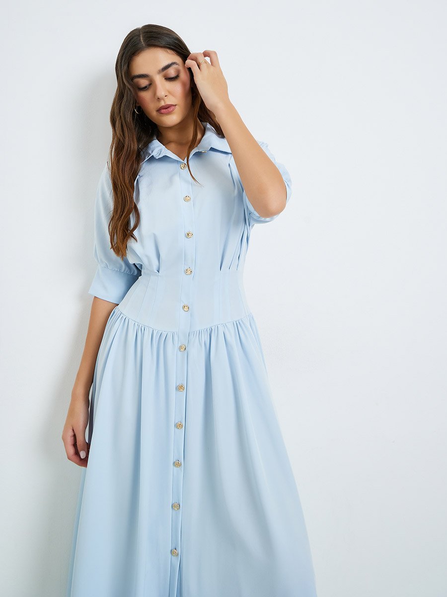 Blue Shirt Midi Dress with Buttons