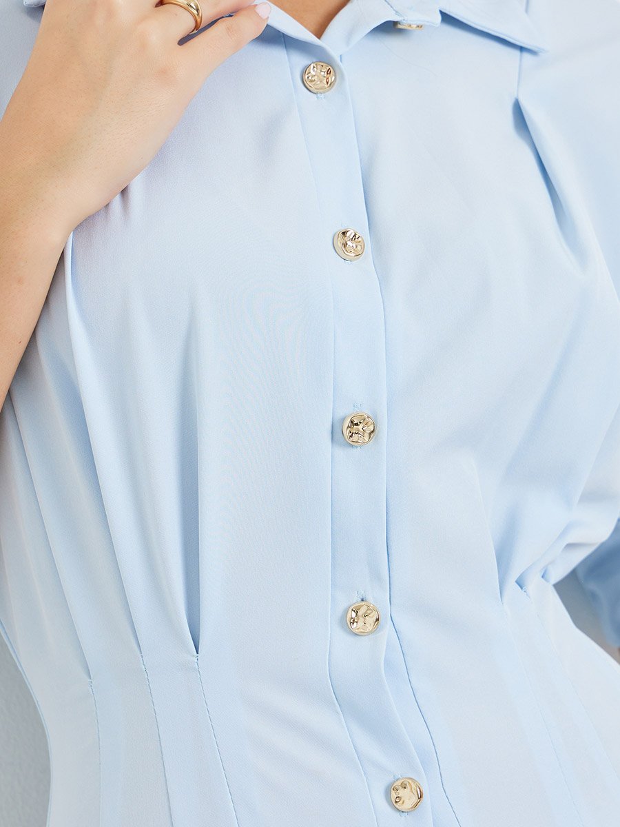 Blue Shirt Midi Dress with Buttons