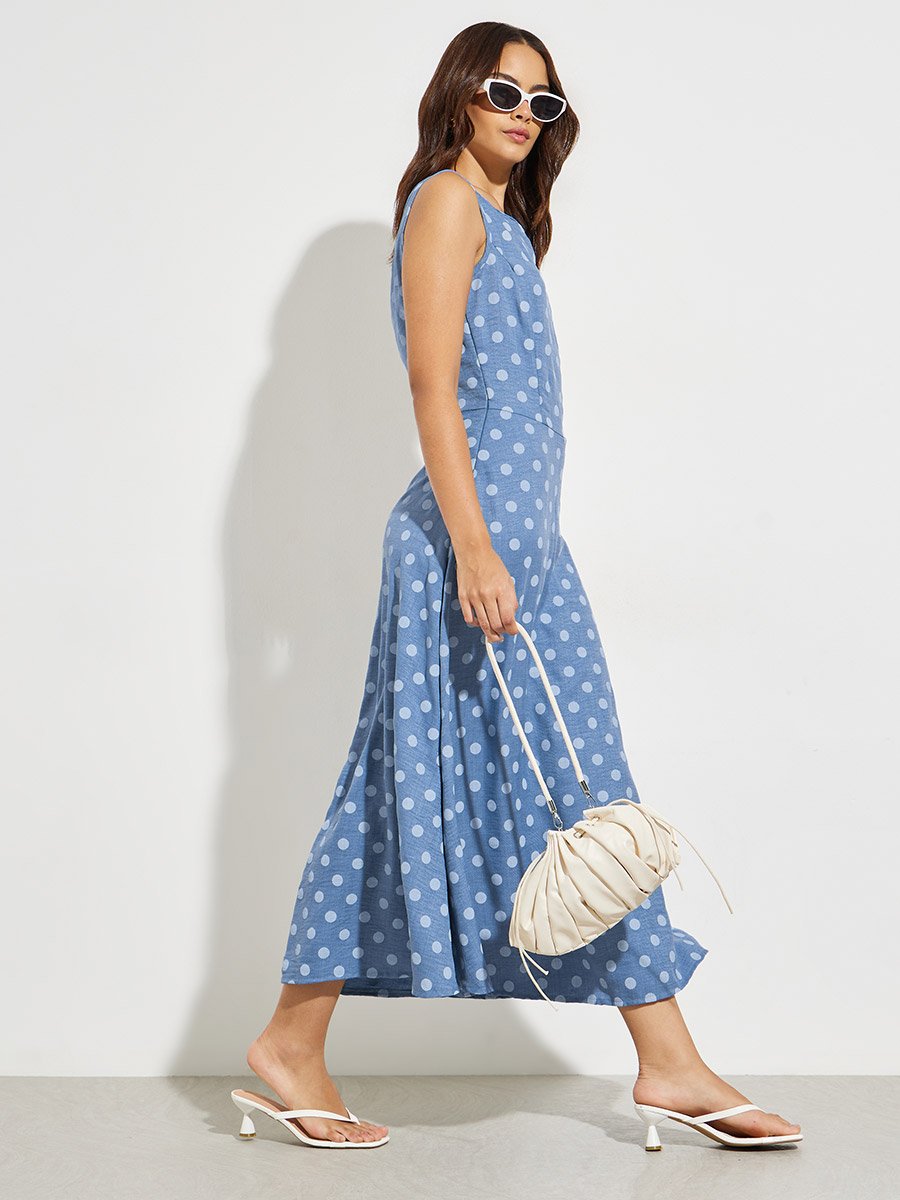 Blue Polka Dot Print Midi Dress