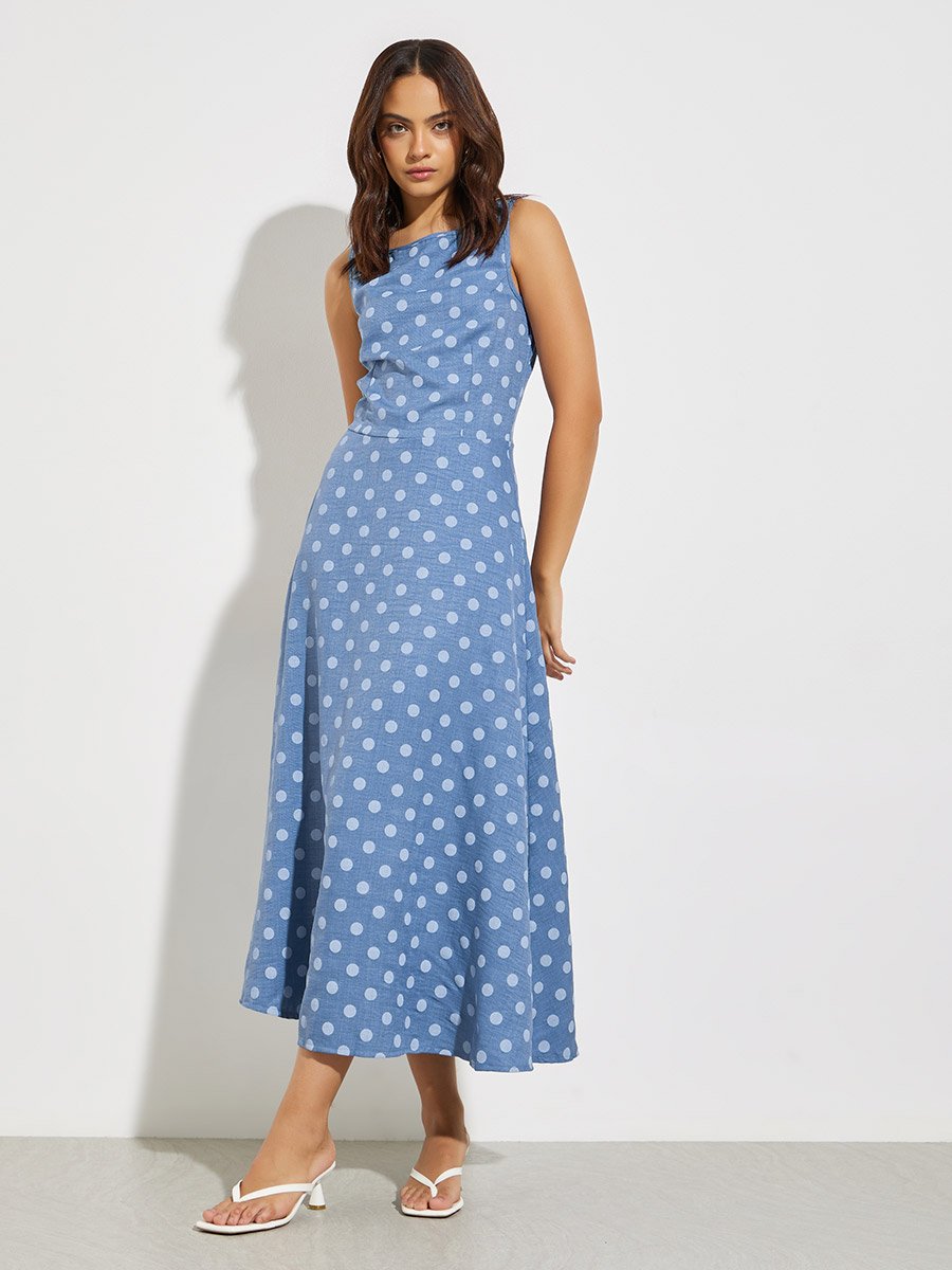 Blue Polka Dot Print Midi Dress