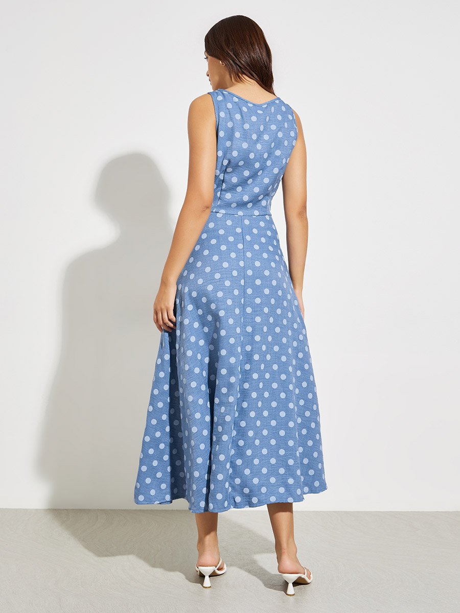 Blue Polka Dot Print Midi Dress