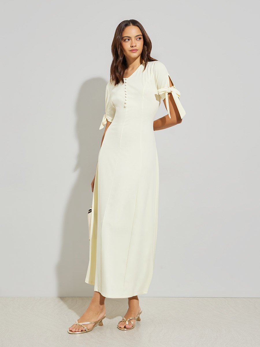 Yellow Solid Maxi Dress with Tie Sleeves