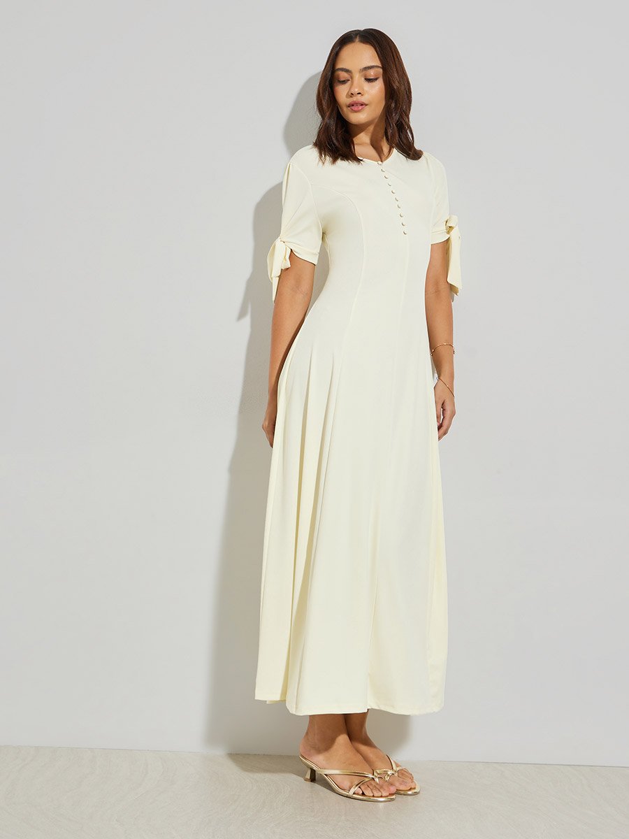 Yellow Solid Maxi Dress with Tie Sleeves
