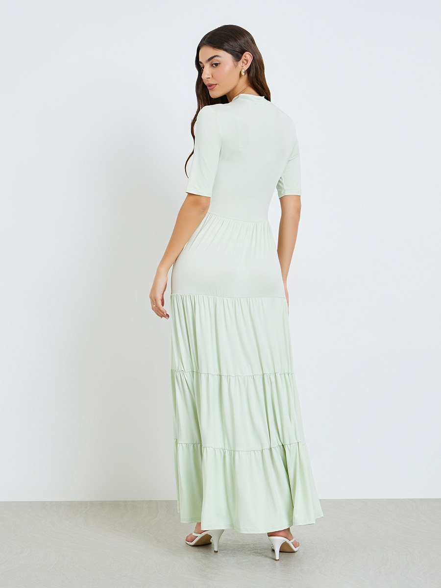 Green Tiered Maxi Dress with Short Sleeves For Women at Bahrain | Styli