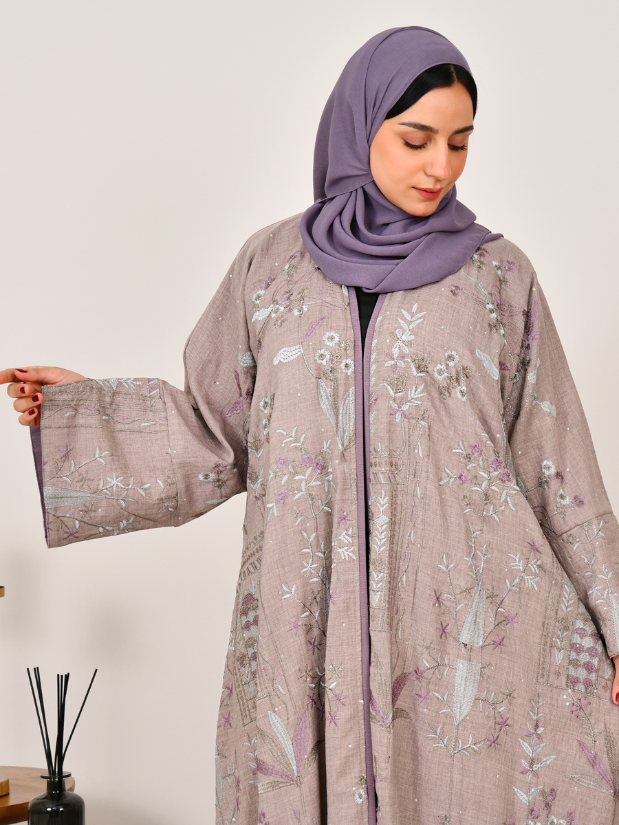 Beige Embroidered Wrap Abaya