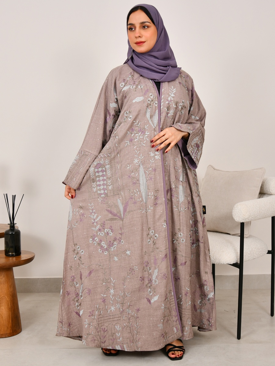 Beige Embroidered Wrap Abaya
