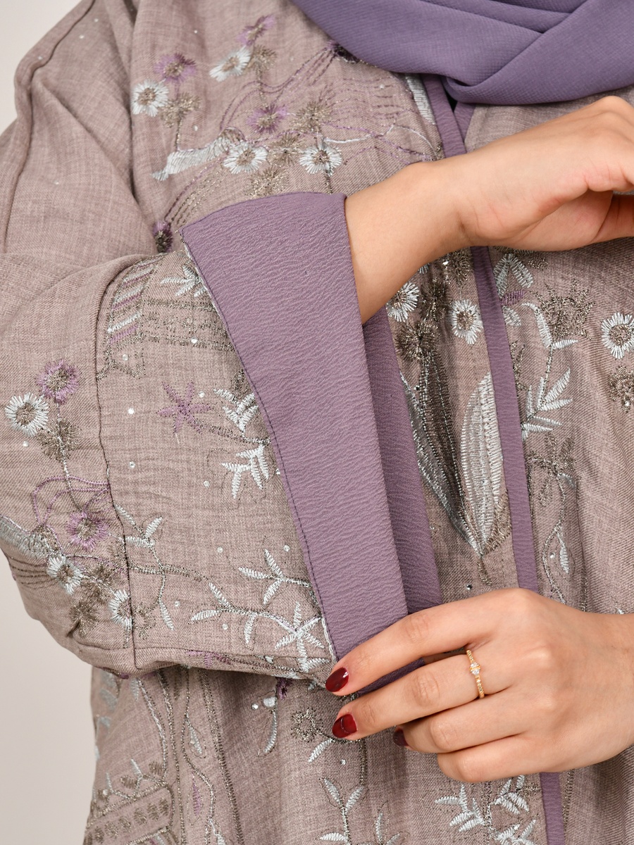 Beige Embroidered Wrap Abaya