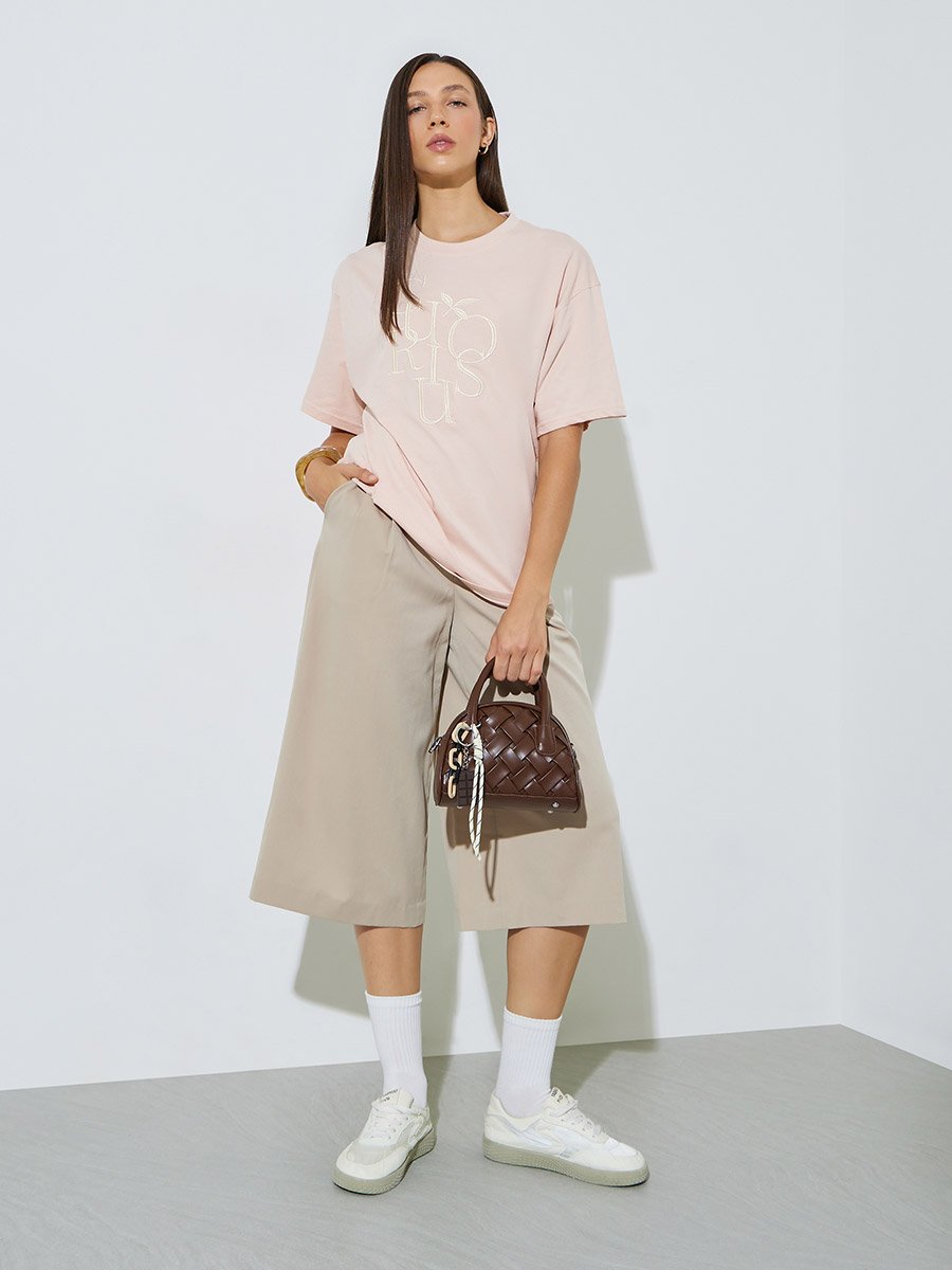 Light Pink Oversized Embroidered Cotton T-Shirt