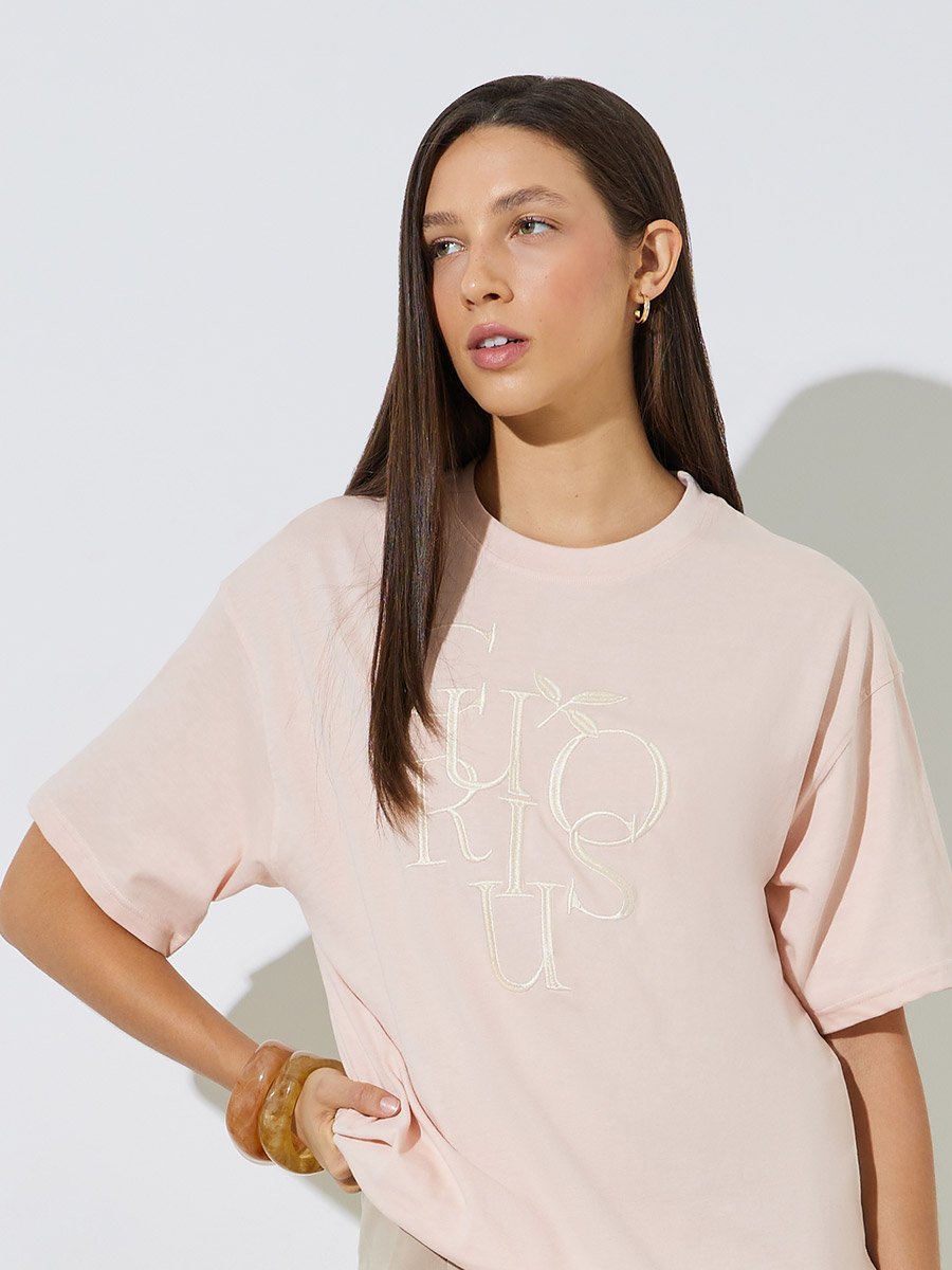 Light Pink Oversized Embroidered Cotton T-Shirt