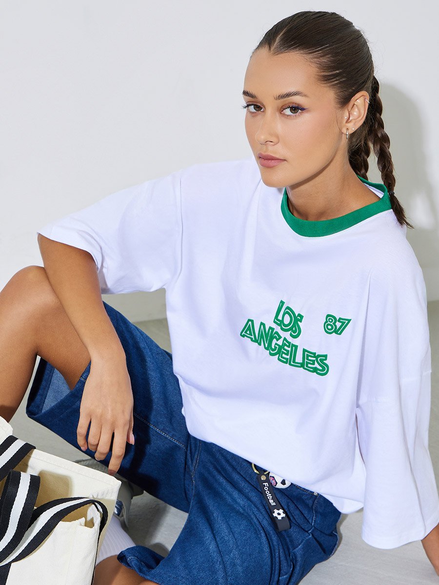 White Slogan Print Contrast Neckline Oversized T-Shirt
