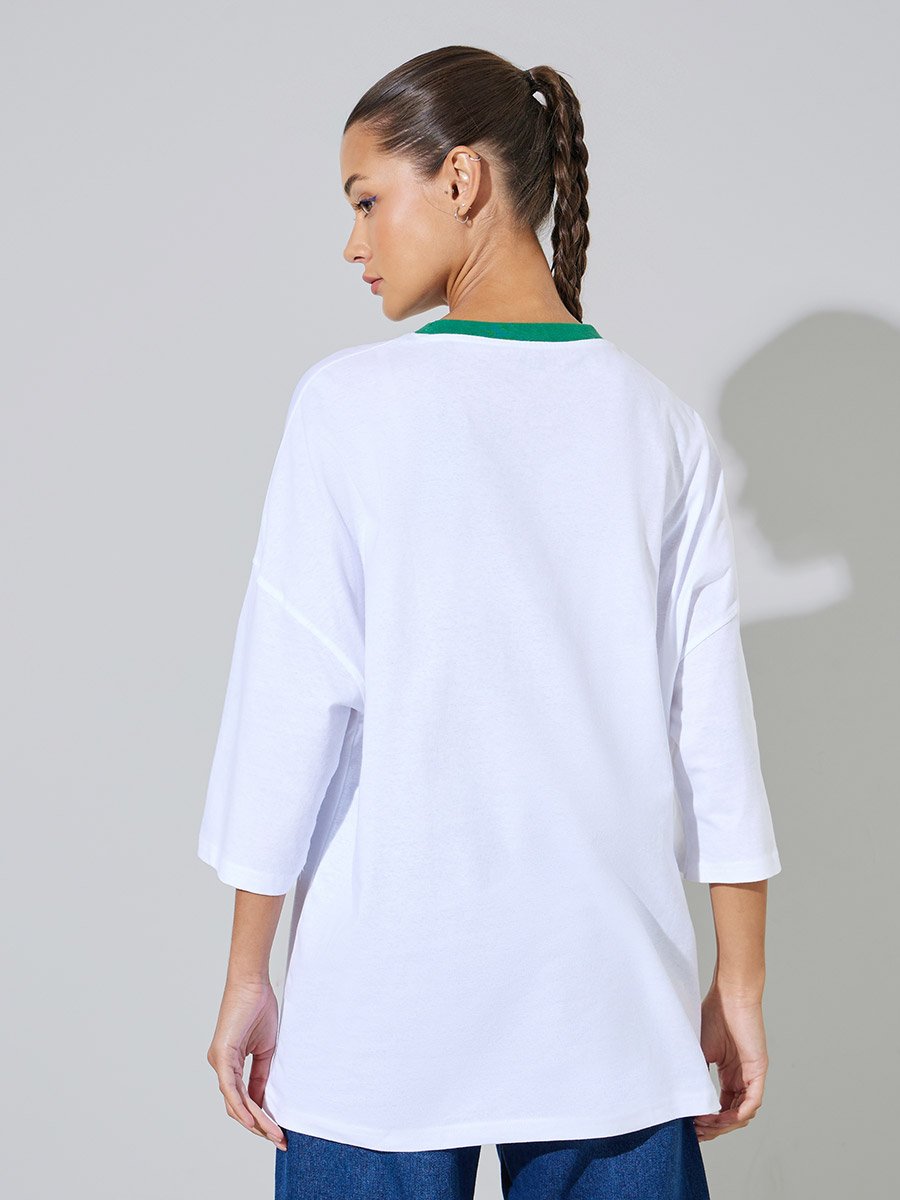White Slogan Print Contrast Neckline Oversized T-Shirt