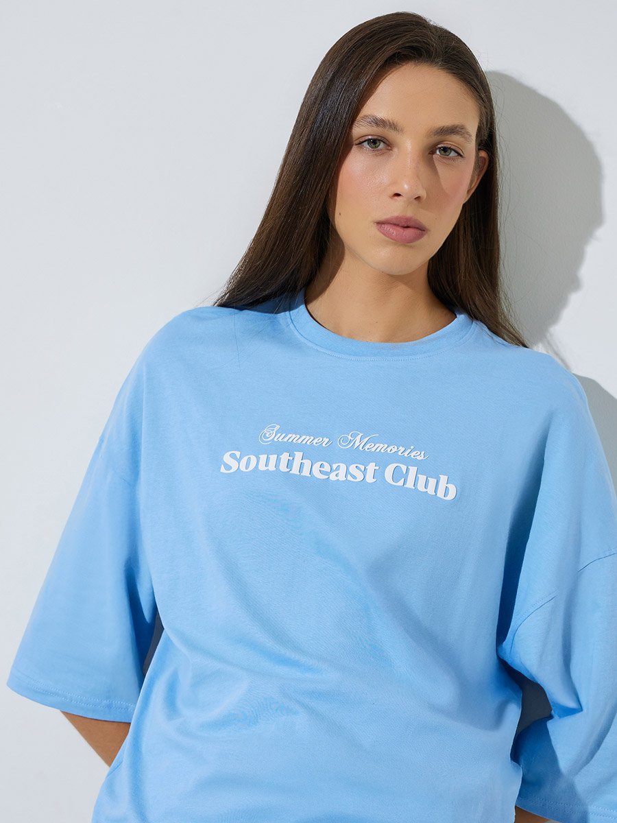 Blue Slogan Print Oversized T-Shirt