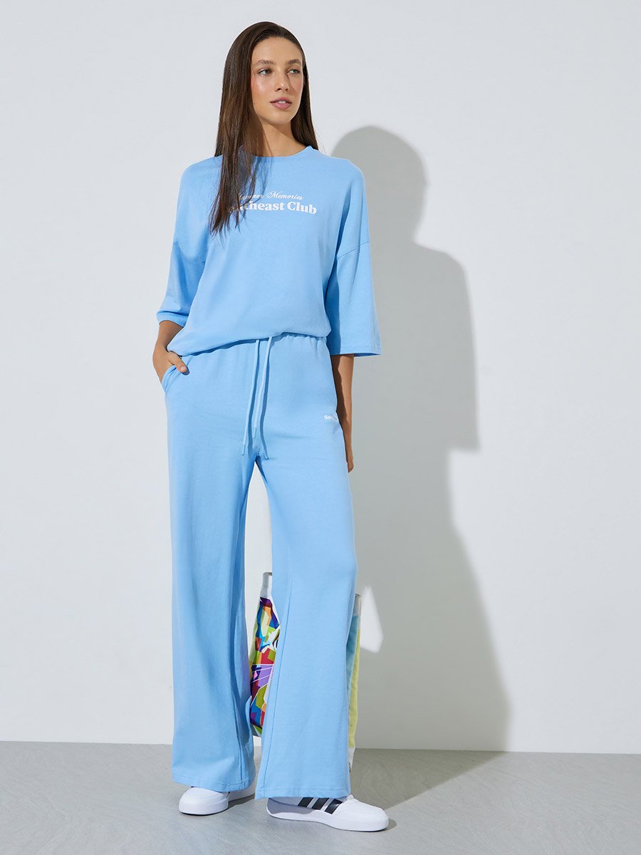 Blue Slogan Print Oversized T-Shirt