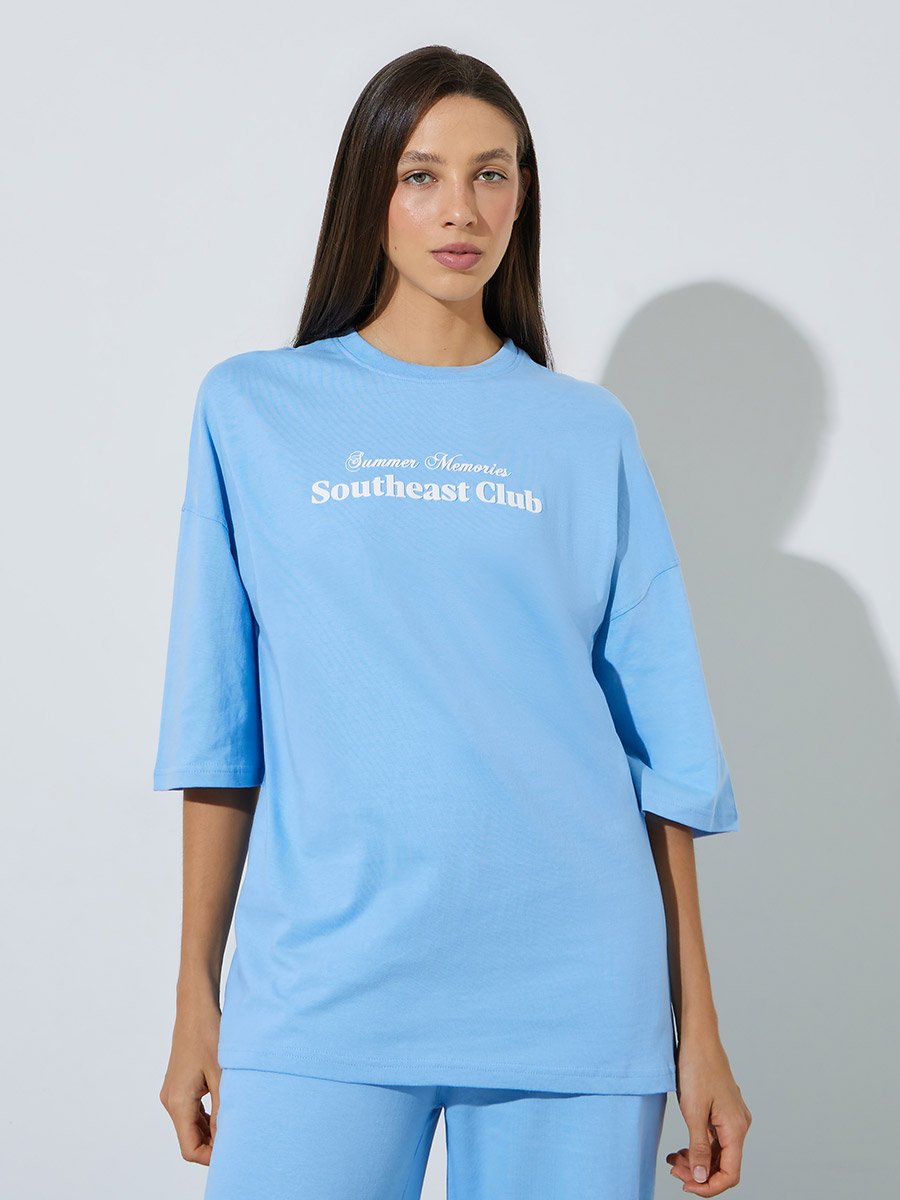 Blue Slogan Print Oversized T-Shirt