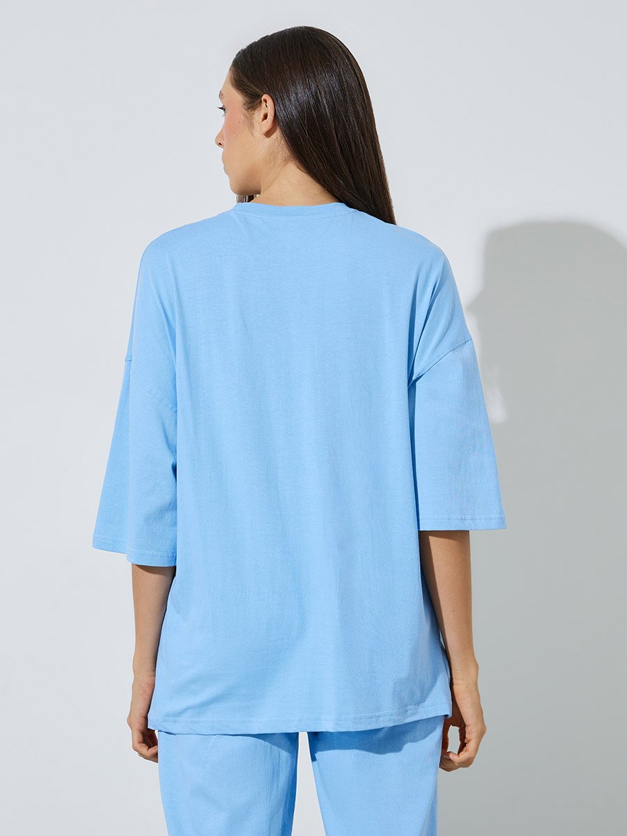 Blue Slogan Print Oversized T-Shirt