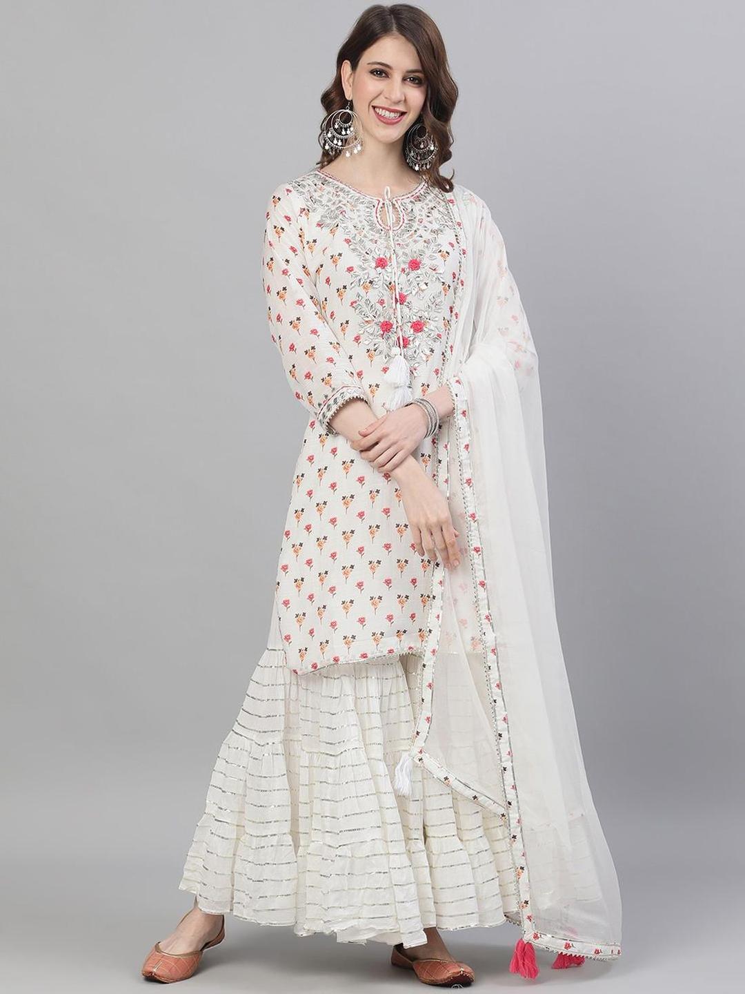 White Printed Rayon Tunic, Palazzo and Dupatta Kurta Set