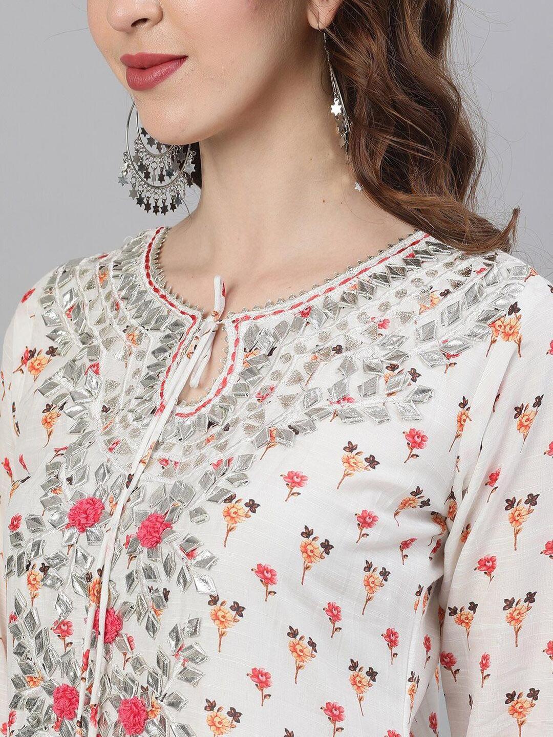 White Printed Rayon Tunic, Palazzo and Dupatta Kurta Set