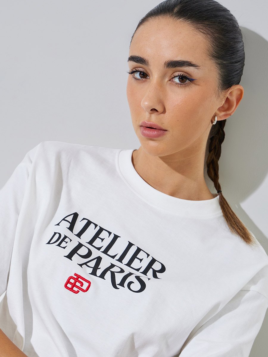 White Slogan and Embroidered Cotton T-Shirt