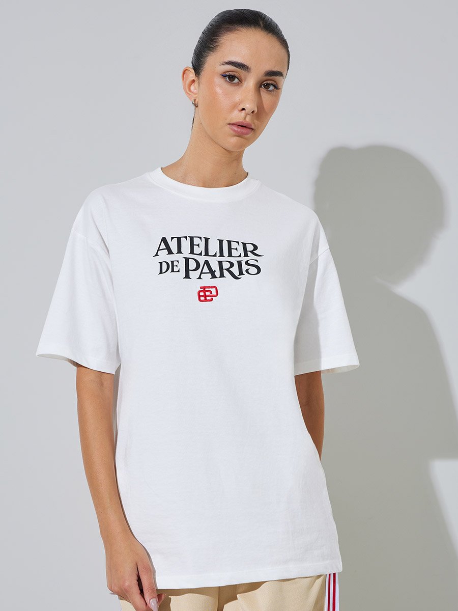 White Slogan and Embroidered Cotton T-Shirt