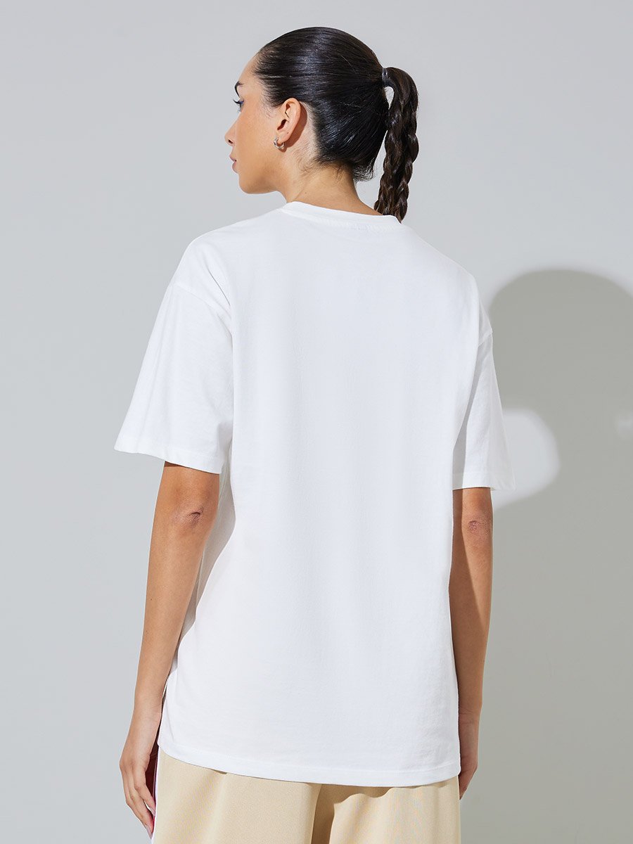 White Slogan and Embroidered Cotton T-Shirt
