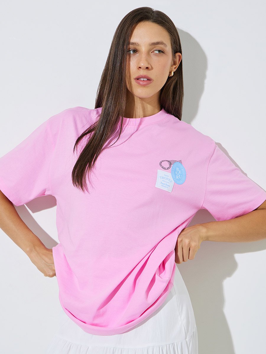 Pink Cotton Graphic Print Round Neck T-Shirt