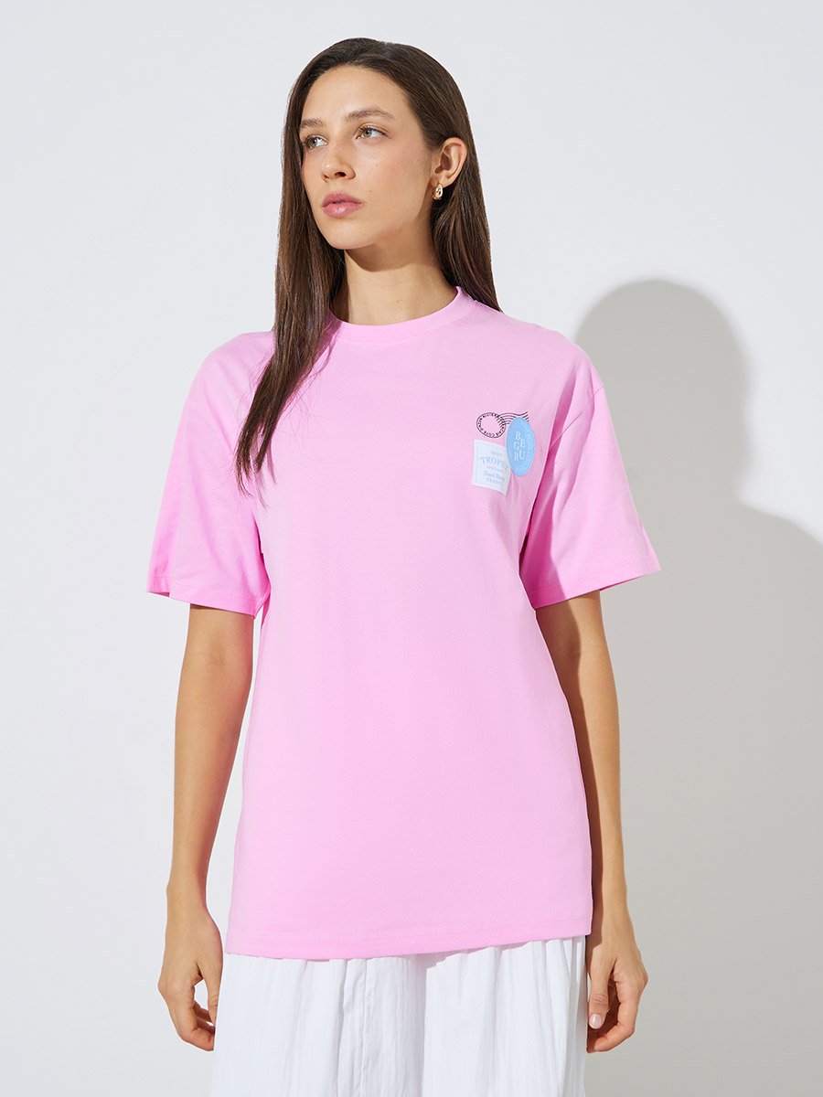 Pink Cotton Graphic Print Round Neck T-Shirt