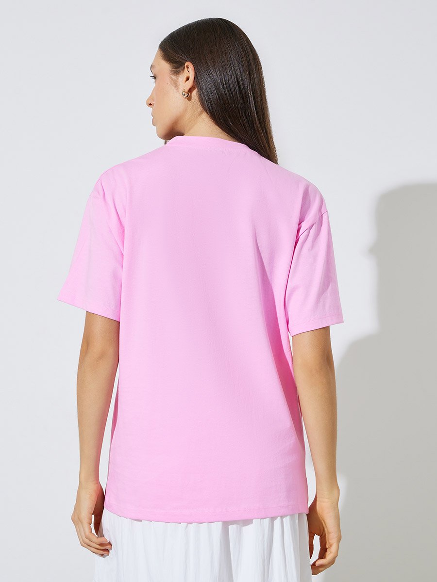 Pink Cotton Graphic Print Round Neck T-Shirt