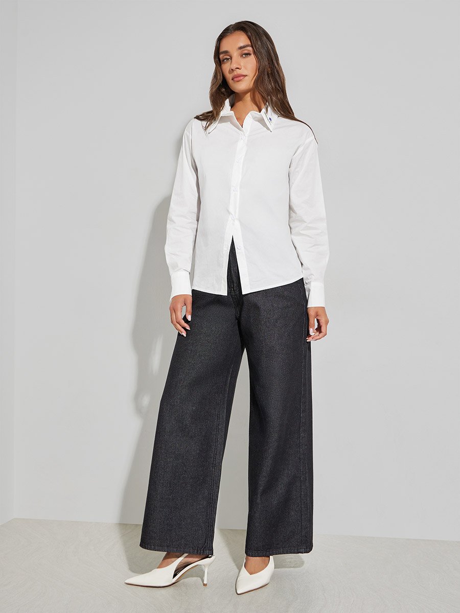 White Embroidered Collar Long Sleeve Shirt
