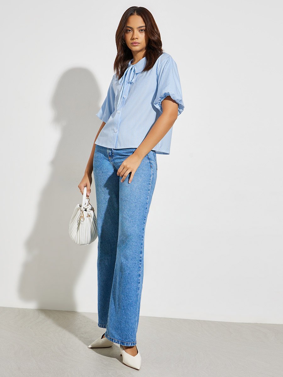 Blue Striped Tie-Neck Short Sleeve Shirt