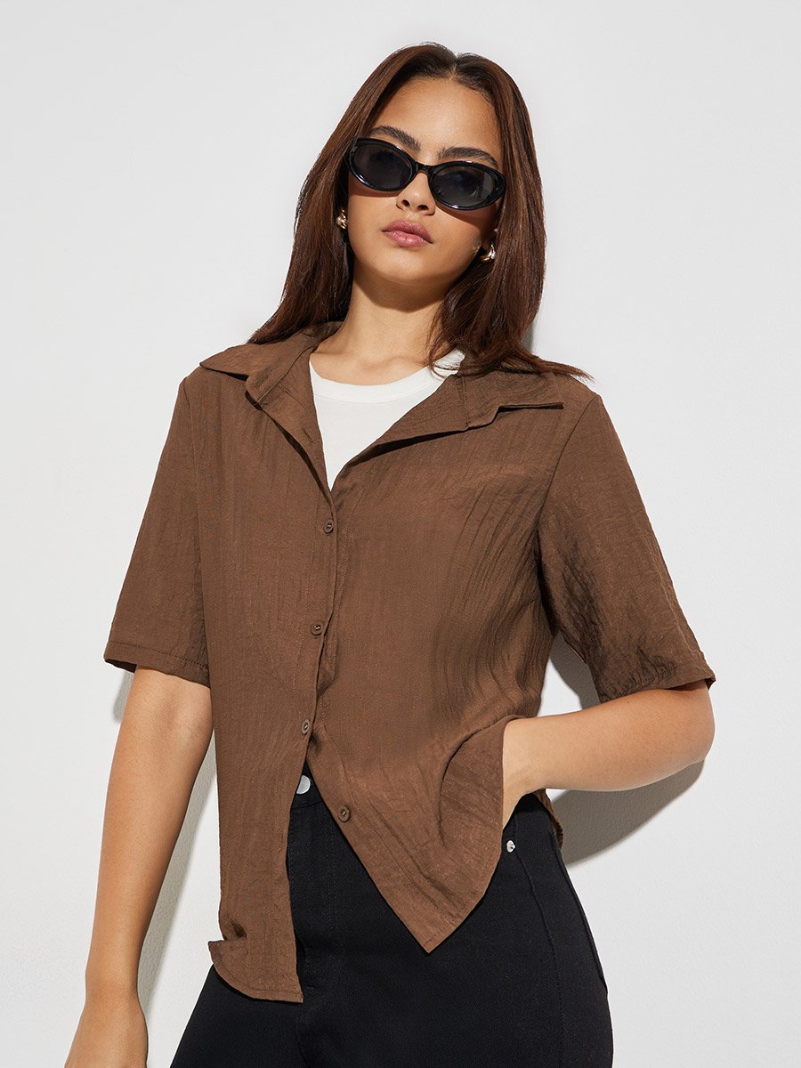 Brown Textured Button-Down Shirt