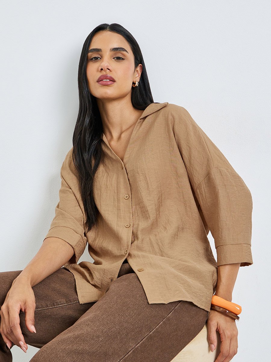 Beige Open Collar Oversized Shirt