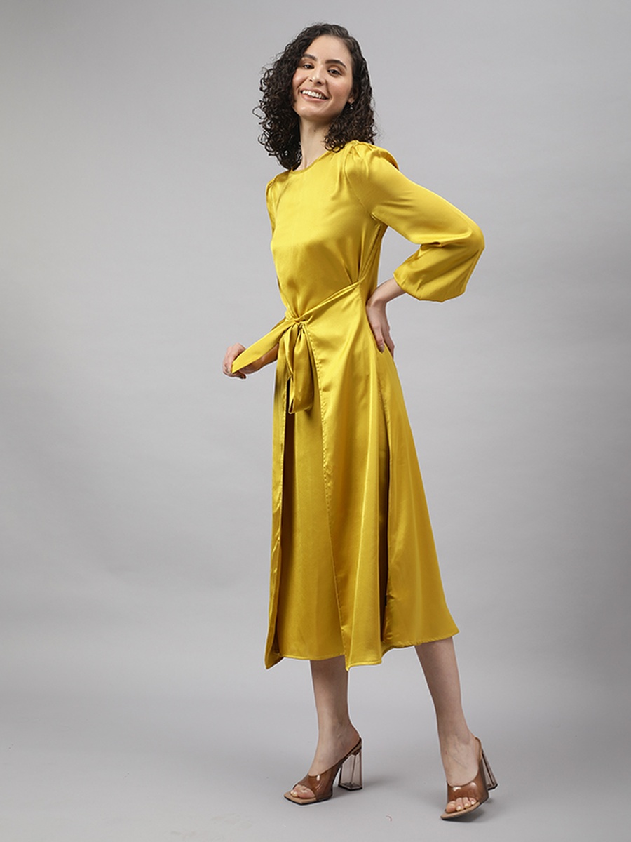 Yellow Tie-Waist Satin Midi Dress