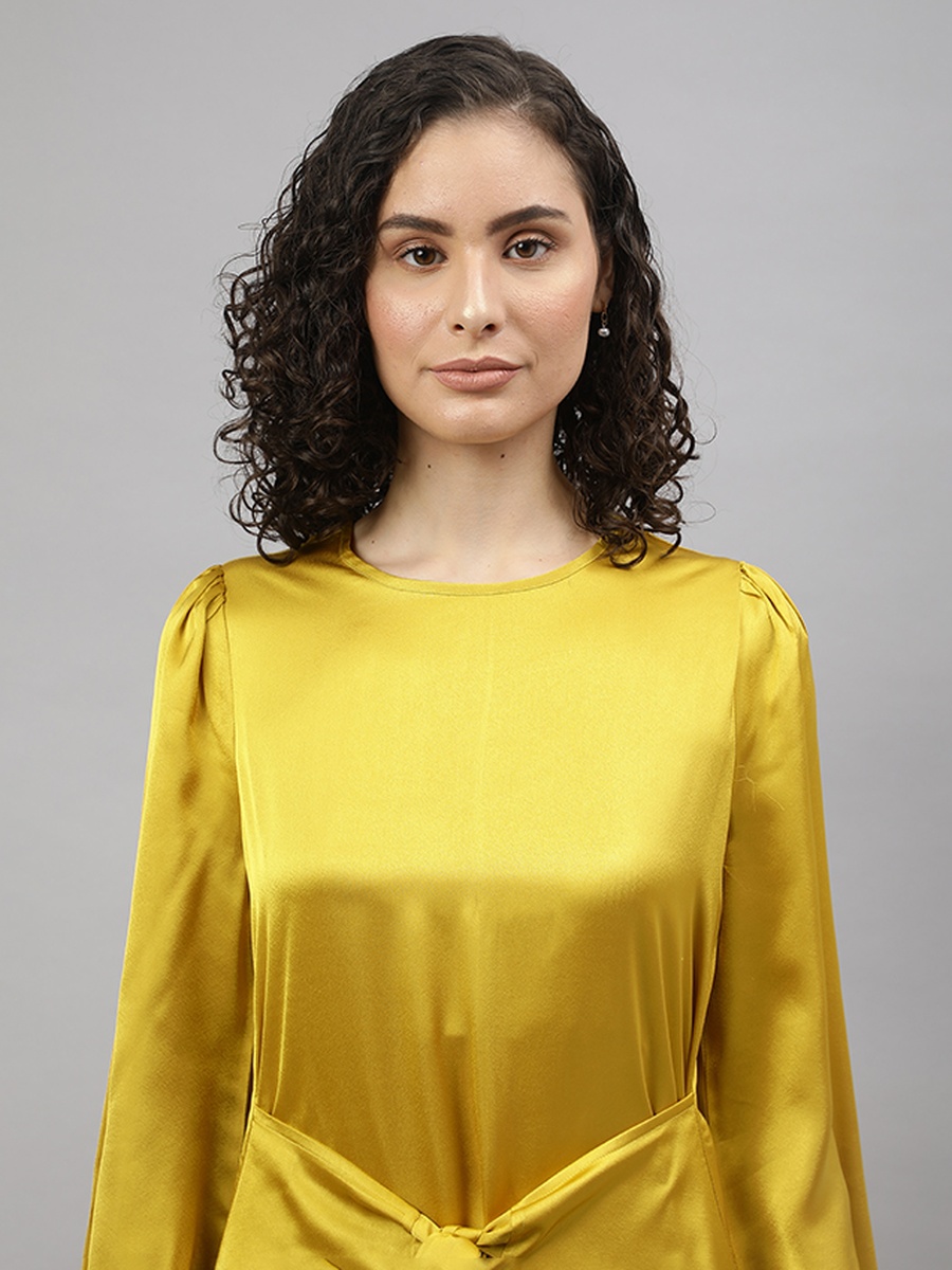 Yellow Tie-Waist Satin Midi Dress