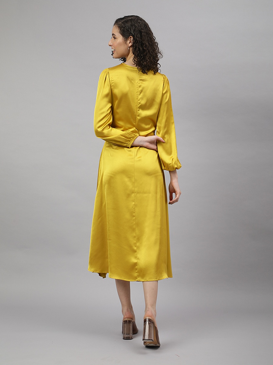 Yellow Tie-Waist Satin Midi Dress
