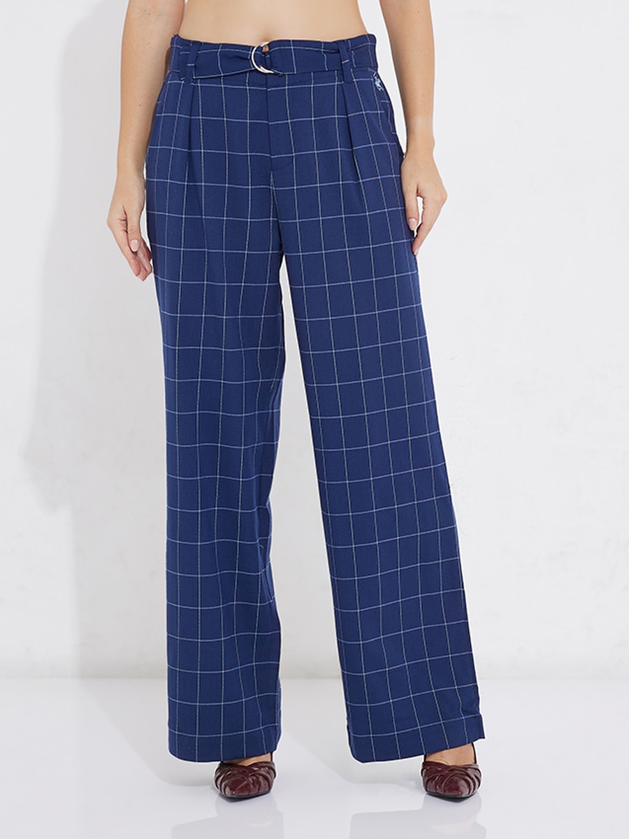Navy Blue Plaid Relaxed Fit Trousers