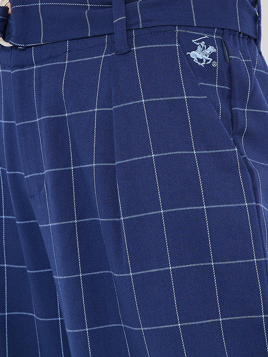 Navy Blue Plaid Relaxed Fit Trousers