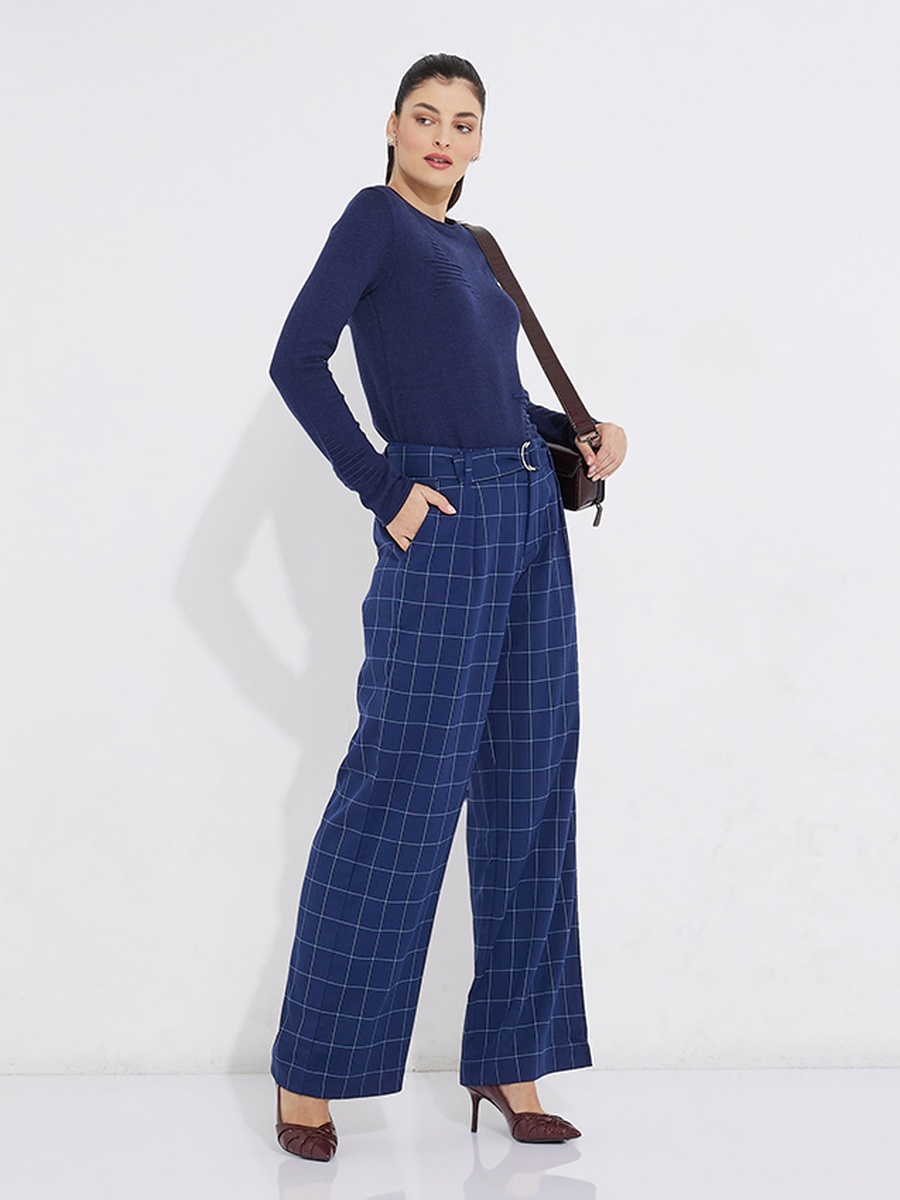 Navy Blue Plaid Relaxed Fit Trousers