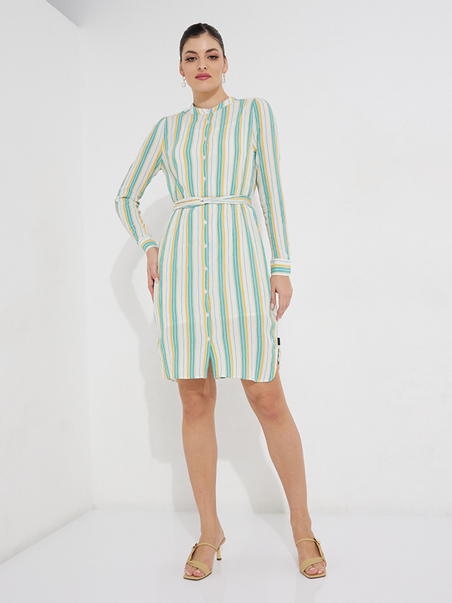 Multi Striped Knee Length Dress with Tie-Waist