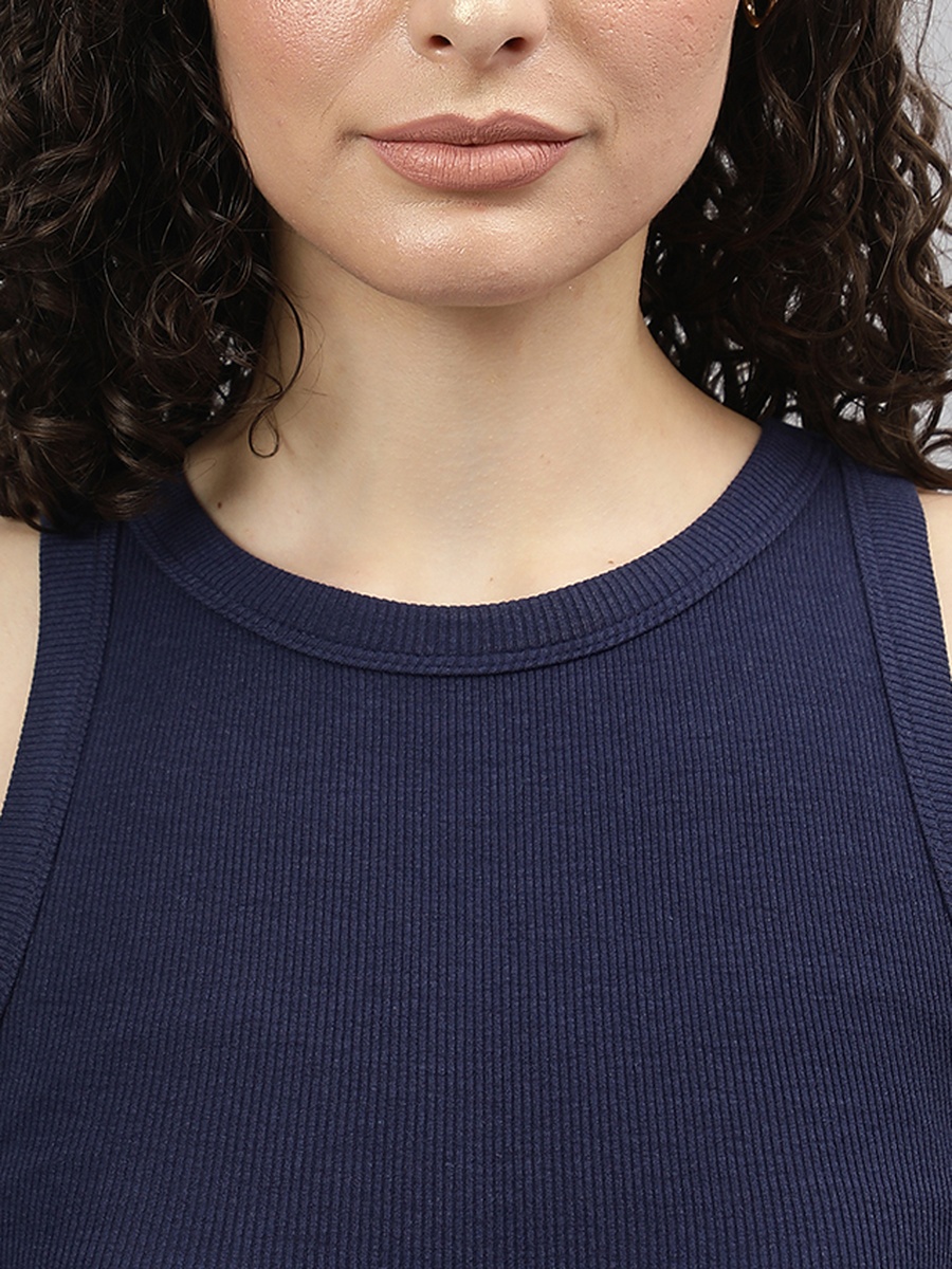 Navy Blue Solid Ribbed Tank