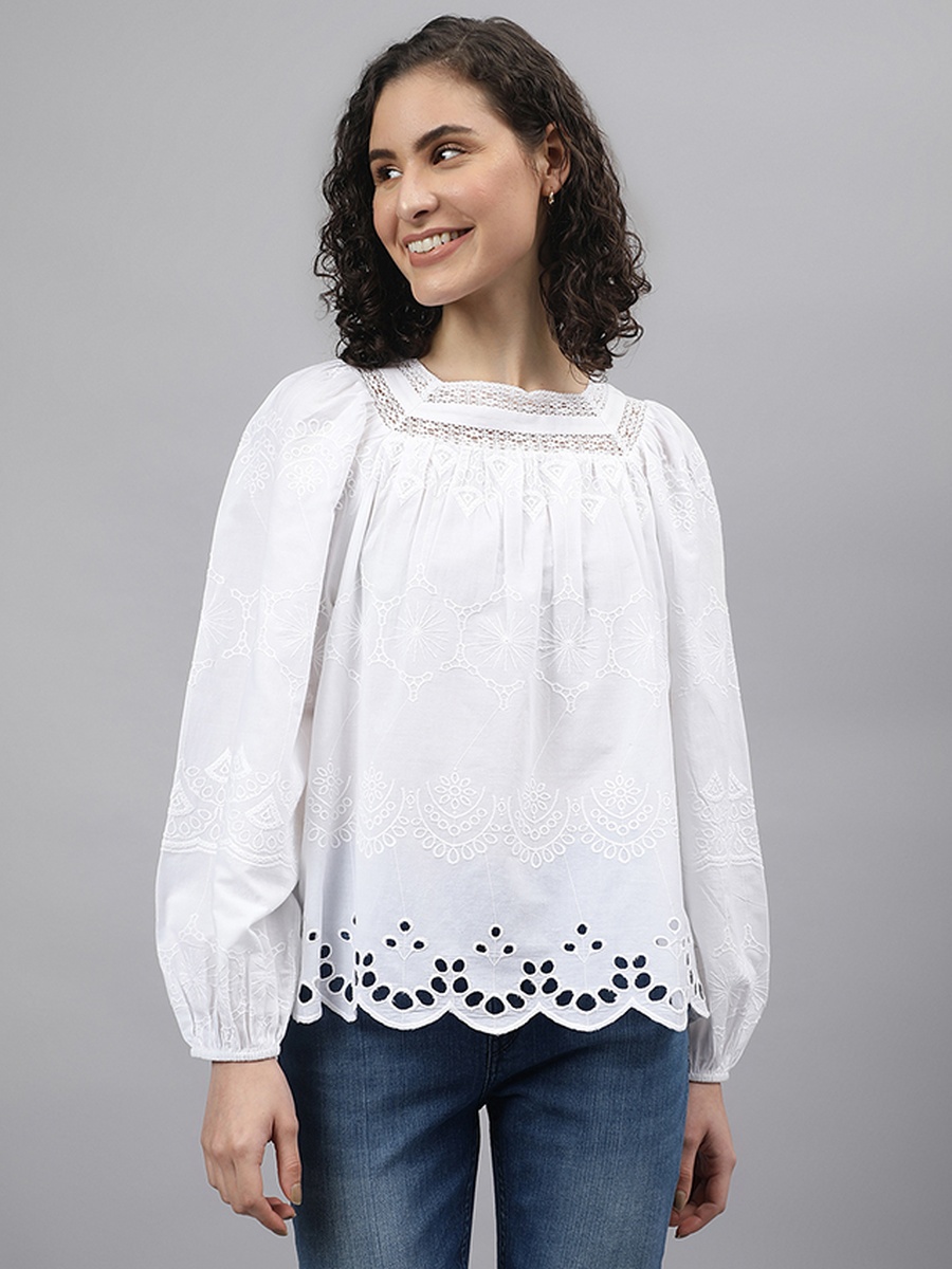 White Openwork Hem Long Sleeves Woven Blouse