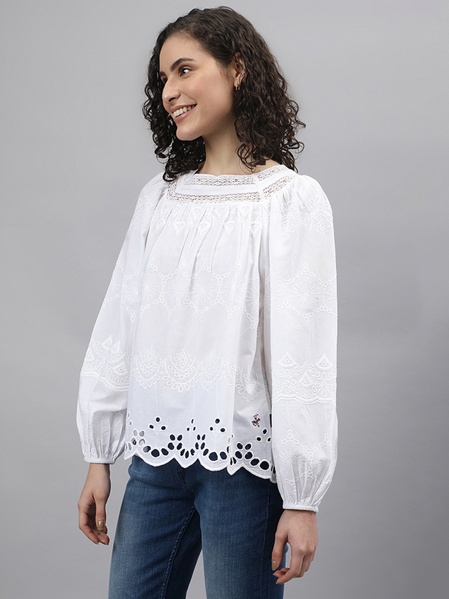 White Openwork Hem Long Sleeves Woven Blouse