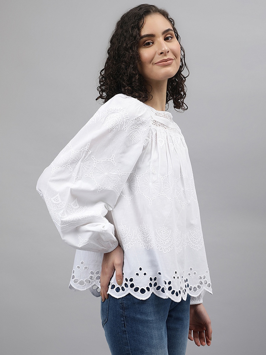 White Openwork Hem Long Sleeves Woven Blouse