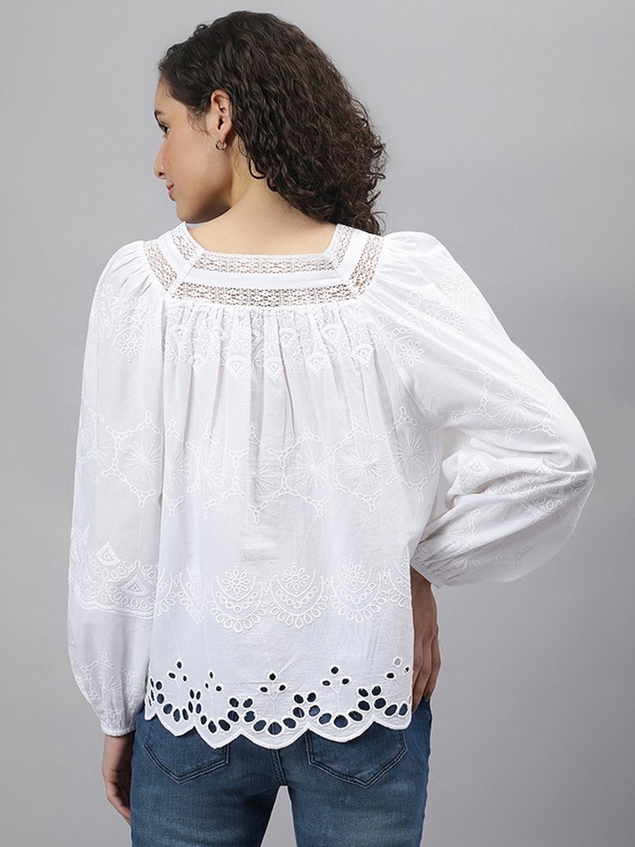 White Openwork Hem Long Sleeves Woven Blouse