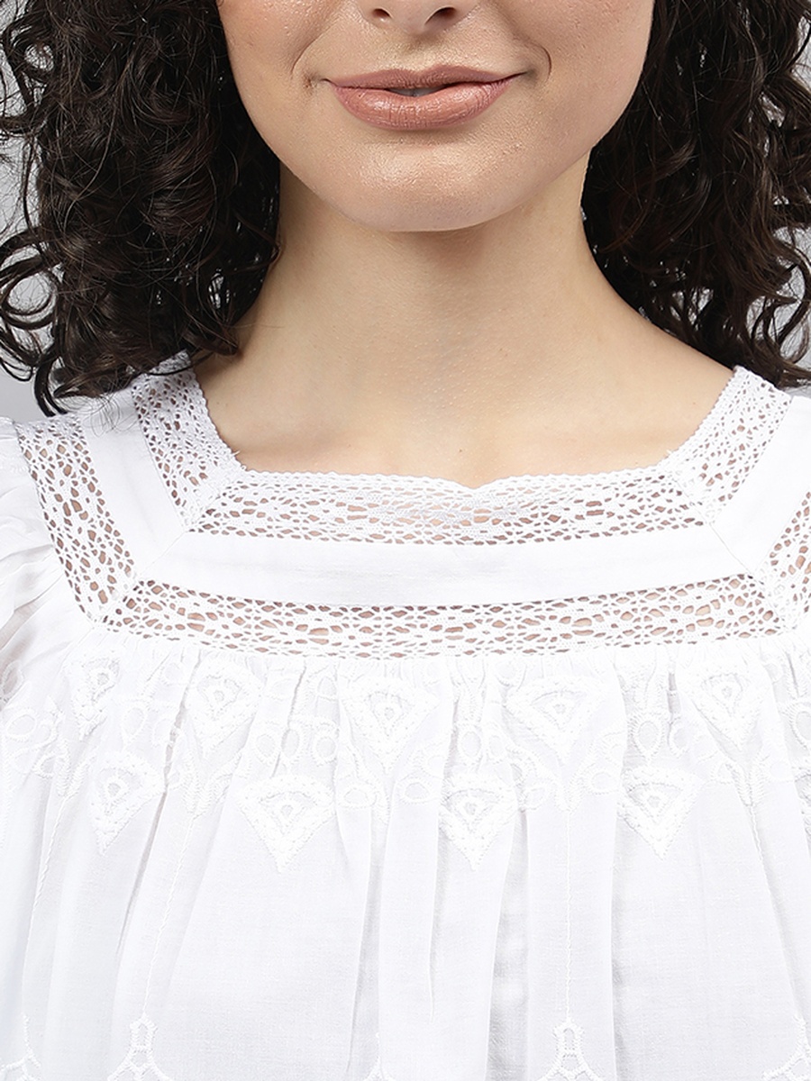 White Openwork Hem Long Sleeves Woven Blouse