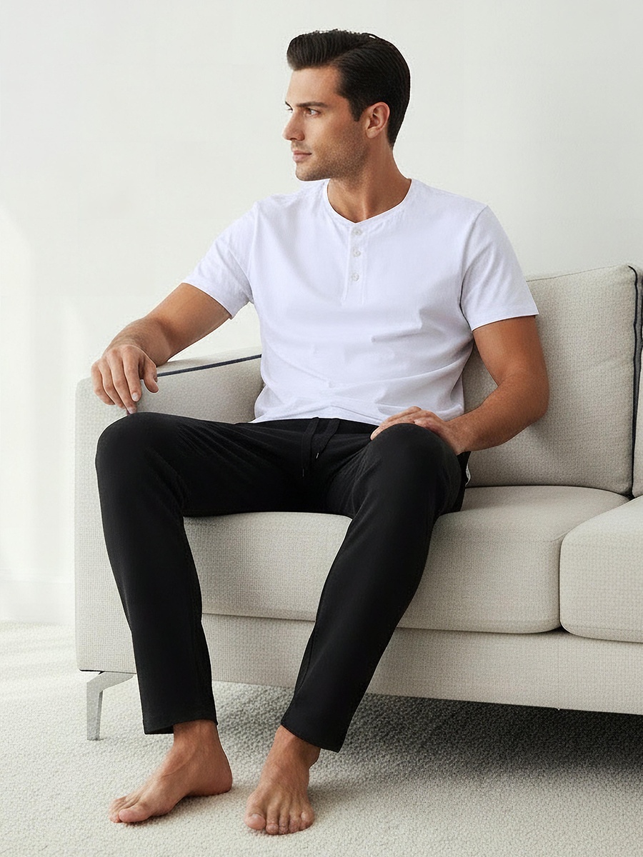 Men Cotton Henley Neck Nightwear Set