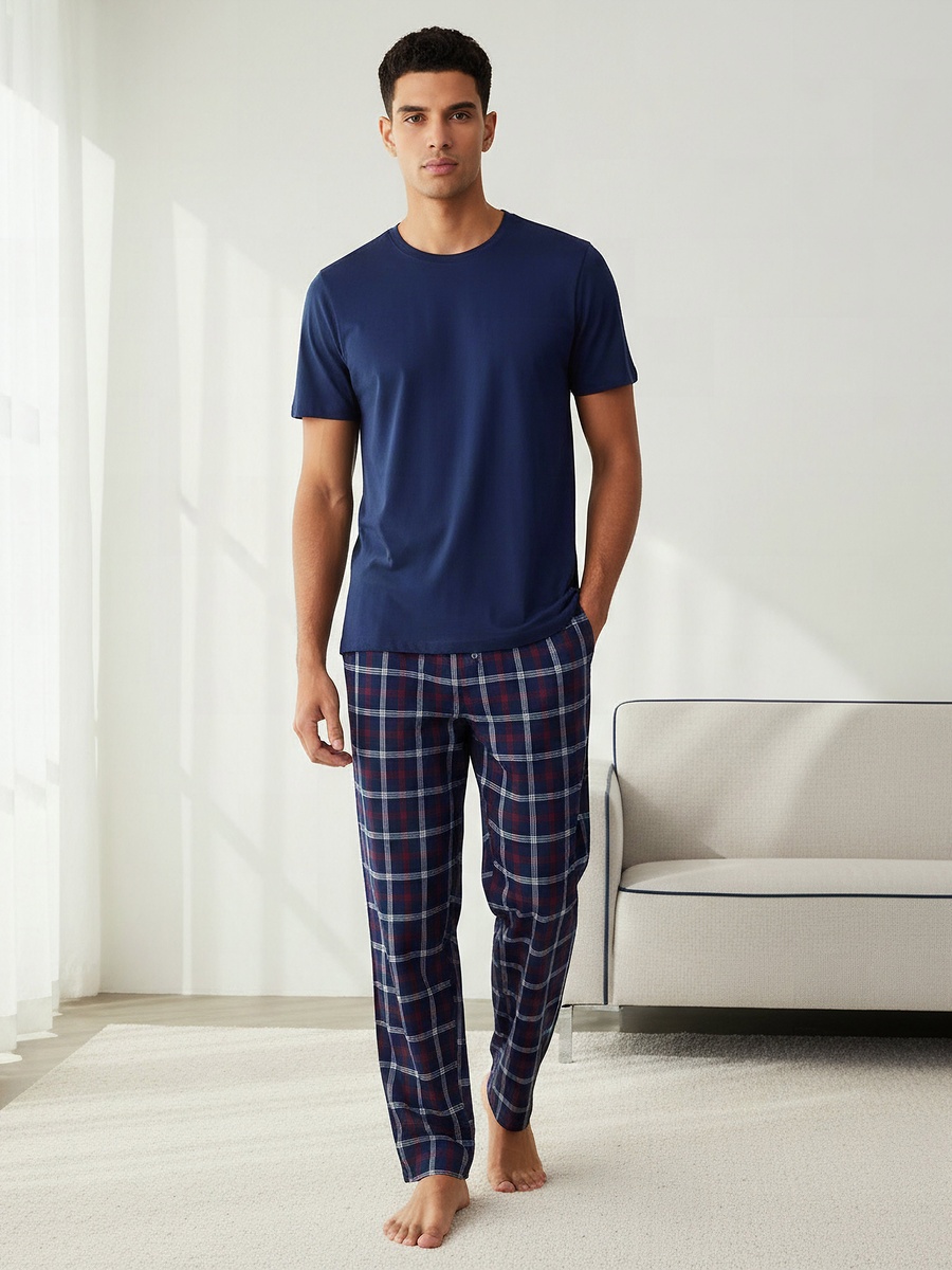 Men Cotton Checked Nightwear Set