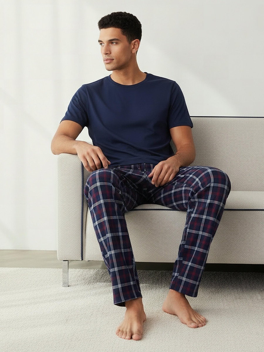 Men Cotton Checked Nightwear Set